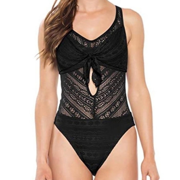 BECCA Color Play Crochet Tie front One piece swimsuit Black M - Picture 1 of 9